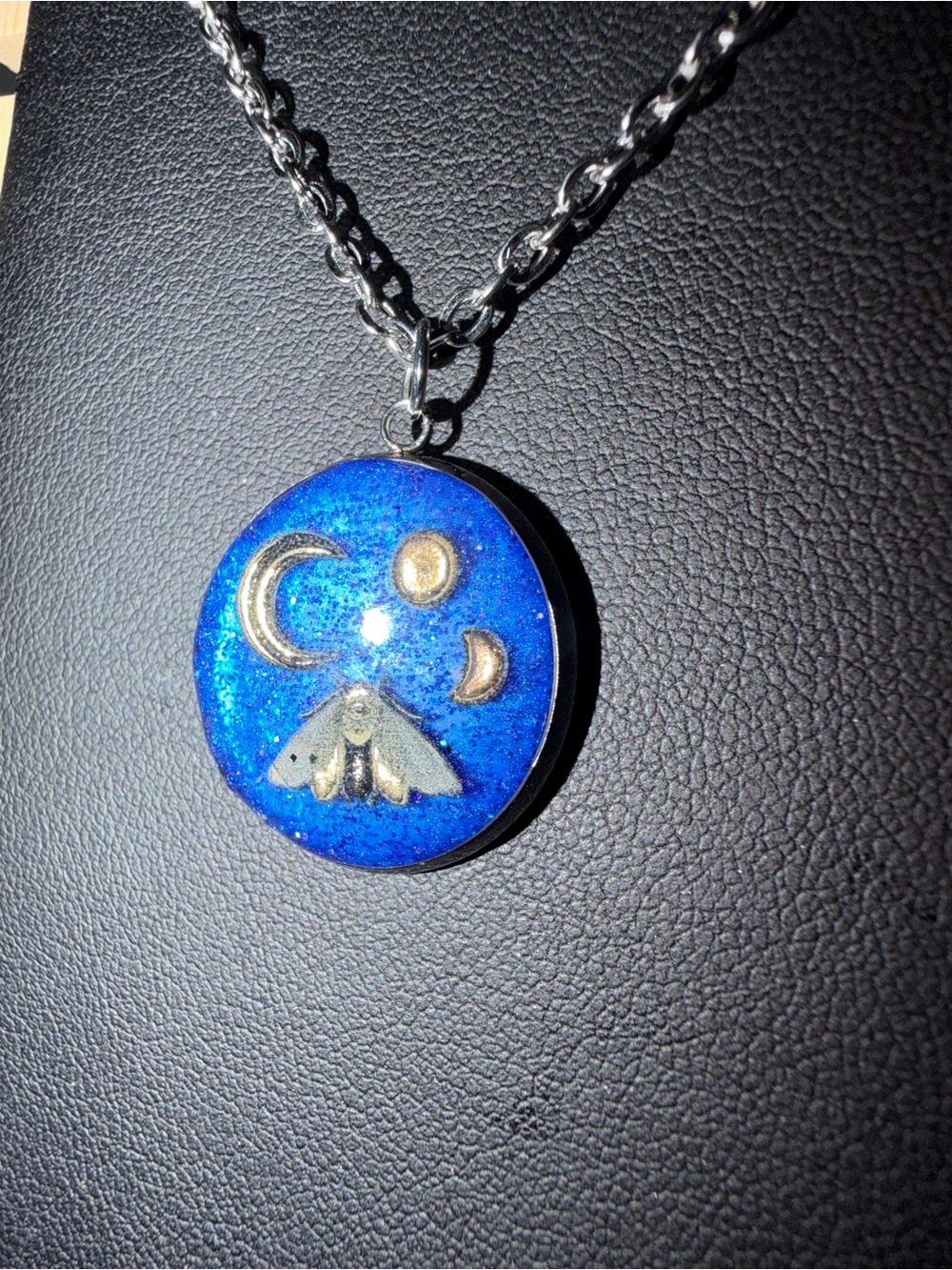 Handmade Celestial Moth Resin Pendant Necklace in Sparkling Blue - Picture 2 of 3